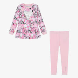Guess-Girls Pink Cotton Leggings Set with Graphic Logo Print | Childrensalon