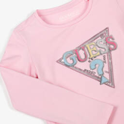 Guess-Girls Pink Cotton Sequin Logo Top | Childrensalon