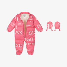 Guess-Girls Pink Logo Print Snowsuit | Childrensalon