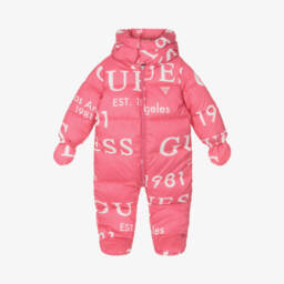 Guess-Girls Pink Logo Print Snowsuit | Childrensalon