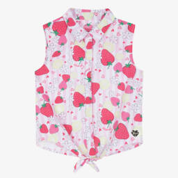 Girls Pink Striped Blouse with Strawberry & Lemon Print