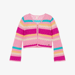 Girls Pink Striped Cotton Knit Cardigan