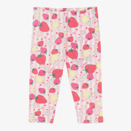 Girls Pink Striped Cotton Strawberry Print Leggings