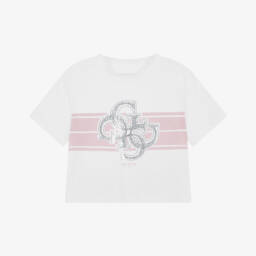 Guess-Girls White Cotton Diamanté Logo T-Shirt | Childrensalon