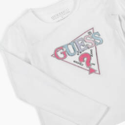 Guess-Girls White Cotton Sequin Logo Top | Childrensalon