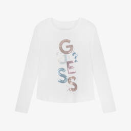 Guess-Girls White Lenzing Sequin Logo Top | Childrensalon