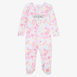 Guess-Girls White & Pink Cotton Graphic Print Babygrow | Childrensalon