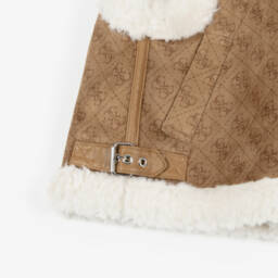 Guess-Junior Girls Beige Faux Suede & Sherpa Fleece 4G Gilet | Childrensalon