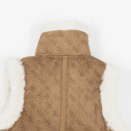 Guess-Junior Girls Beige Faux Suede & Sherpa Fleece 4G Gilet | Childrensalon