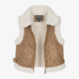Guess-Junior Girls Beige Faux Suede & Sherpa Fleece 4G Gilet | Childrensalon
