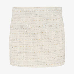 Junior Girls Ivory Tweed Skirt with Silver Thread & Sequins