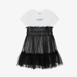 Guess-Junior Girls White Cotton & Black Tulle Dress | Childrensalon