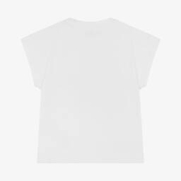 Guess-Junior Girls White Cotton T-Shirt with Sequin Triangle Logo | Childrensalon