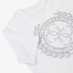 Guess-Junior Girls White Organic Cotton Diamanté 4g Logo T-Shirt | Childrensalon