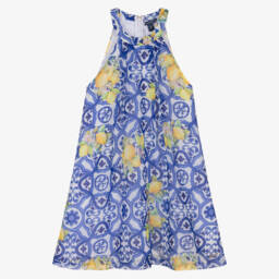 Older Girls Blue Chiffon Tile Print Dress