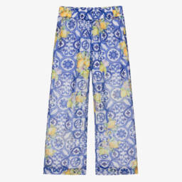 Older Girls Blue Chiffon Tile Print Trousers
