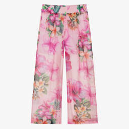 Older Girls Pink Chiffon Hibiscus & Logo Trousers
