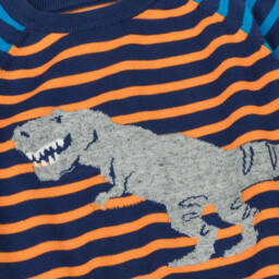 Hatley-Boys Navy Blue Striped Cotton Knit Dinosaur Sweater | Childrensalon