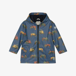 Boys Navy Blue Tractor Print Hooded Raincoat