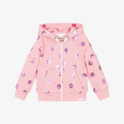 Girls Pale Pink Hooded Zip-Up Top with Metallic Flowers