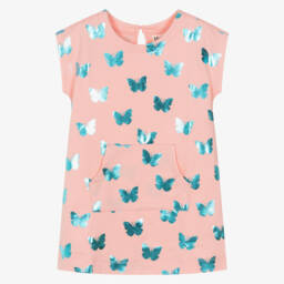 Hatley-Girls Pink Cotton Dress with Shiny Blue Butterfly Print | Childrensalon