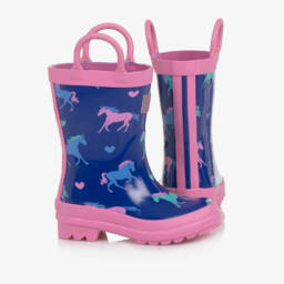 Hatley-Girls Purple & Pink Rain Boots with Hearts & Horses | Childrensalon