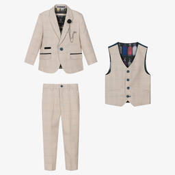 House of Cavani-بدلة كاروهات تويل لون بيج للأولاد | Childrensalon