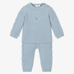 iDO Mini-Baby Boys Blue Knitted Trouser Set with Bear Motif | Childrensalon