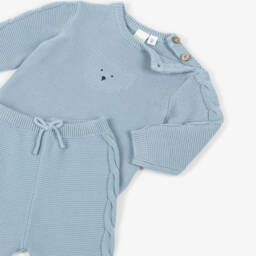 iDO Mini-Baby Boys Blue Knitted Trouser Set with Bear Motif | Childrensalon