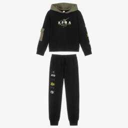 iDO-Boys Black & Green Slogan Print Hooded Tracksuit  | Childrensalon