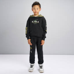 iDO-Boys Black & Green Slogan Print Hooded Tracksuit  | Childrensalon