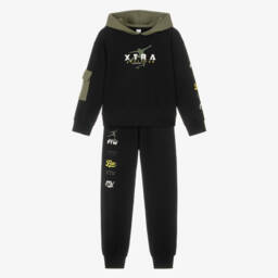 iDO-Boys Black & Green Slogan Print Hooded Tracksuit  | Childrensalon