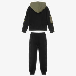 iDO-Boys Black & Green Slogan Print Hooded Tracksuit  | Childrensalon