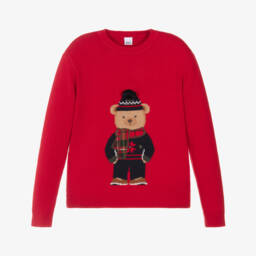 iDO-Boys Red Cotton & Wool Knit Bear Sweater with Pom-Pom | Childrensalon