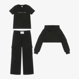 iDO Junior-Girls Black Cotton Tracksuit Set with Cargo Pockets | Childrensalon