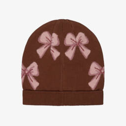 iDO-Шапка бини коричнево-розовая из хлопка с бантиками для девочек | Childrensalon
