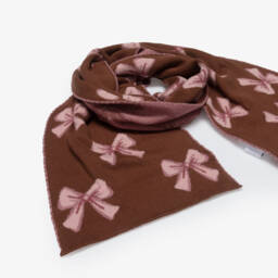 iDO-Girls Brown & Pink Cotton Knit Scarf with Bow Pattern | Childrensalon