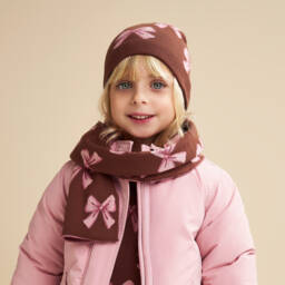 iDO-Girls Brown & Pink Cotton Knit Scarf with Bow Pattern | Childrensalon