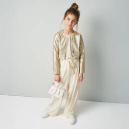iDO Junior-Girls Ivory & Gold Pleated Trouser Set | Childrensalon