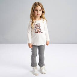 iDO-Girls Ivory & Grey Leggings Set with Cat Motif | Childrensalon