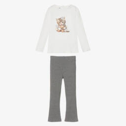 iDO-Girls Ivory & Grey Leggings Set with Cat Motif | Childrensalon