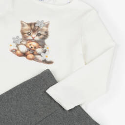 iDO-Girls Ivory & Grey Leggings Set with Cat Motif | Childrensalon
