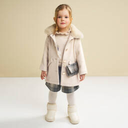 iDO-Girls Ivory Single Breasted Coat with Faux Fur Collar | Childrensalon