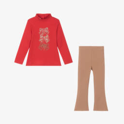 iDO-Комплект с легинсами красно-бежевый из хлопка с блестящими бантами для девочек | Childrensalon