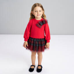 iDO-Girls Red Tartan Jersey & Tulle Dress | Childrensalon
