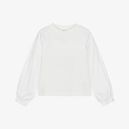 iDO-Girls White Cotton Jersey Top with Poplin Sleeves | Childrensalon