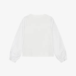 iDO-Girls White Cotton Jersey Top with Poplin Sleeves | Childrensalon