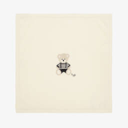 Il Gufo-Baby Boys Ivory & Blue Cotton Knit Bear Blanket (70cm) | Childrensalon