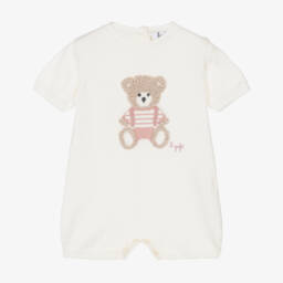 Baby Girls Ivory & Pink Cotton Knit Bear Shortie