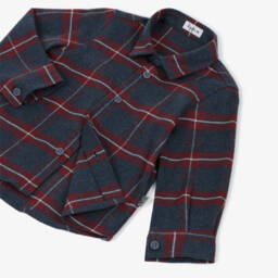 Il Gufo-Boys Navy Blue and Red Checked Cotton Shirt | Childrensalon